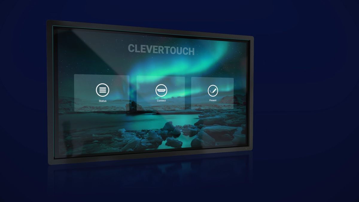 Product film still of a Clevertouch display with an aurora on screen