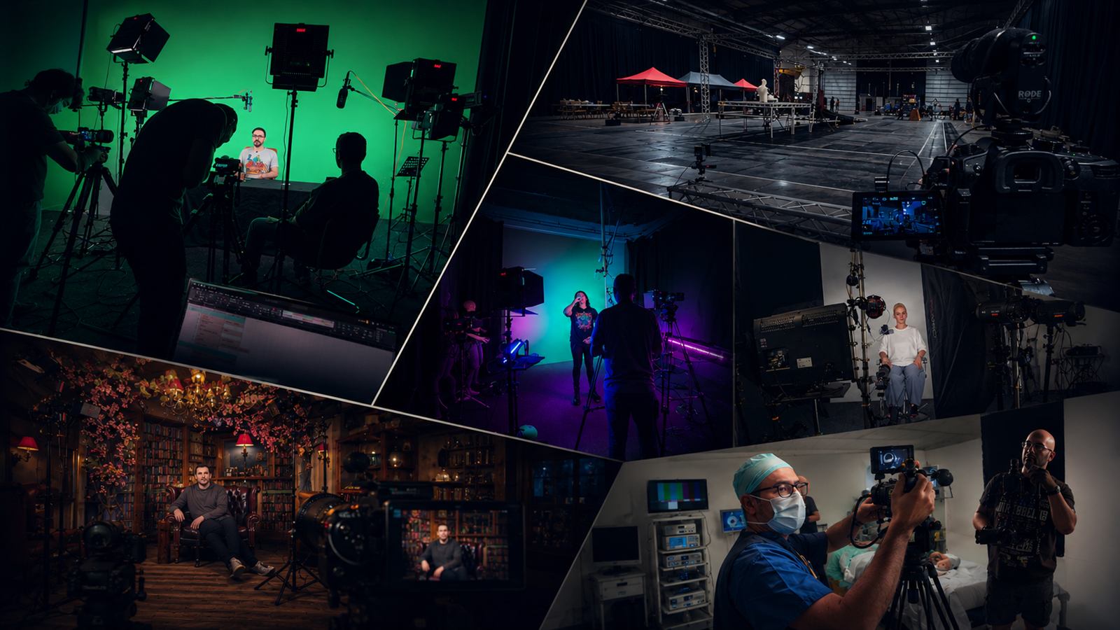 Collage of live shoots: green screen interview, music video, studio sets and surgical filming
