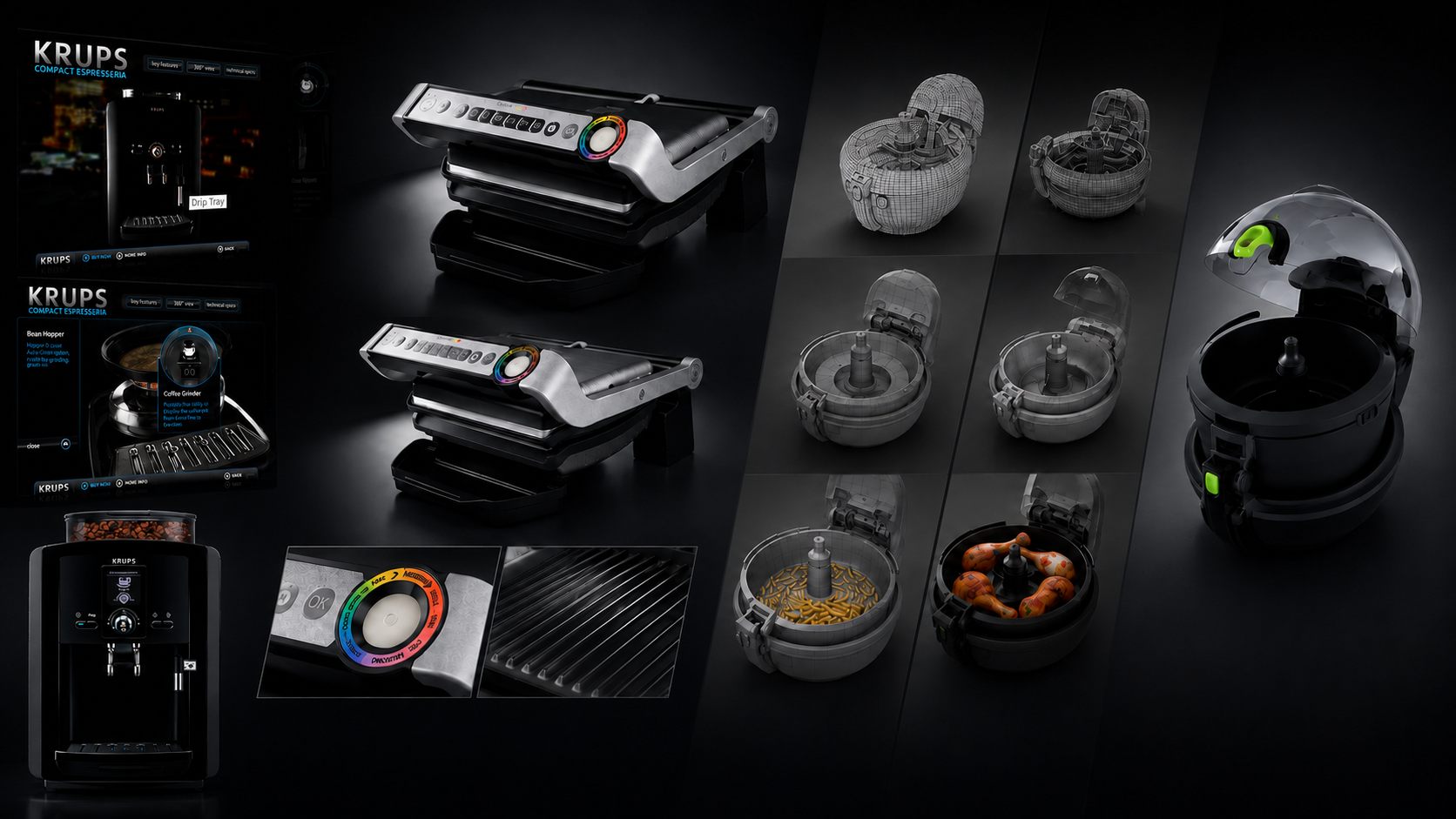 Photoreal 3D renders of Krups kitchen appliances, from wireframe models to finished product shots