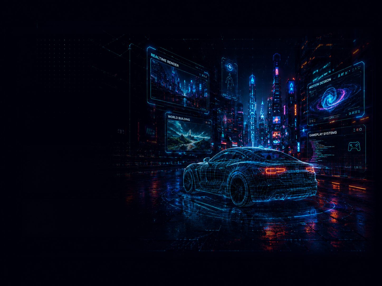 Wireframe render of a car in a neon city